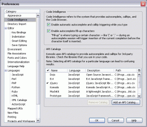 Окно настройки, позволяющее указать используемые Java Script фреймворки